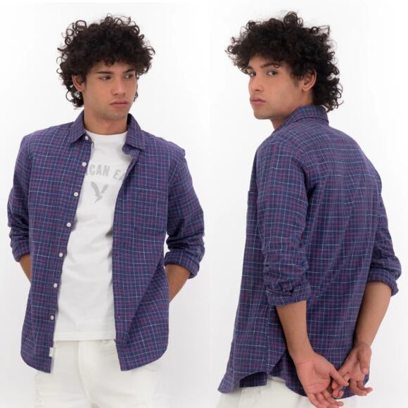 NWOT AMERICAN EAGLE Shirt Men L Plaid Flannel Classic Fit Blue Red Button-Down - Picture 1 of 9